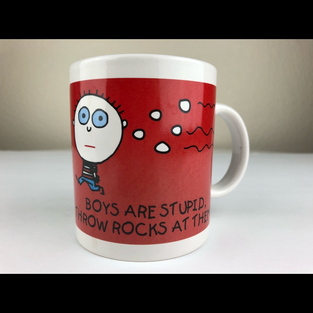 “Boys are stupid throw rocks at them” mug